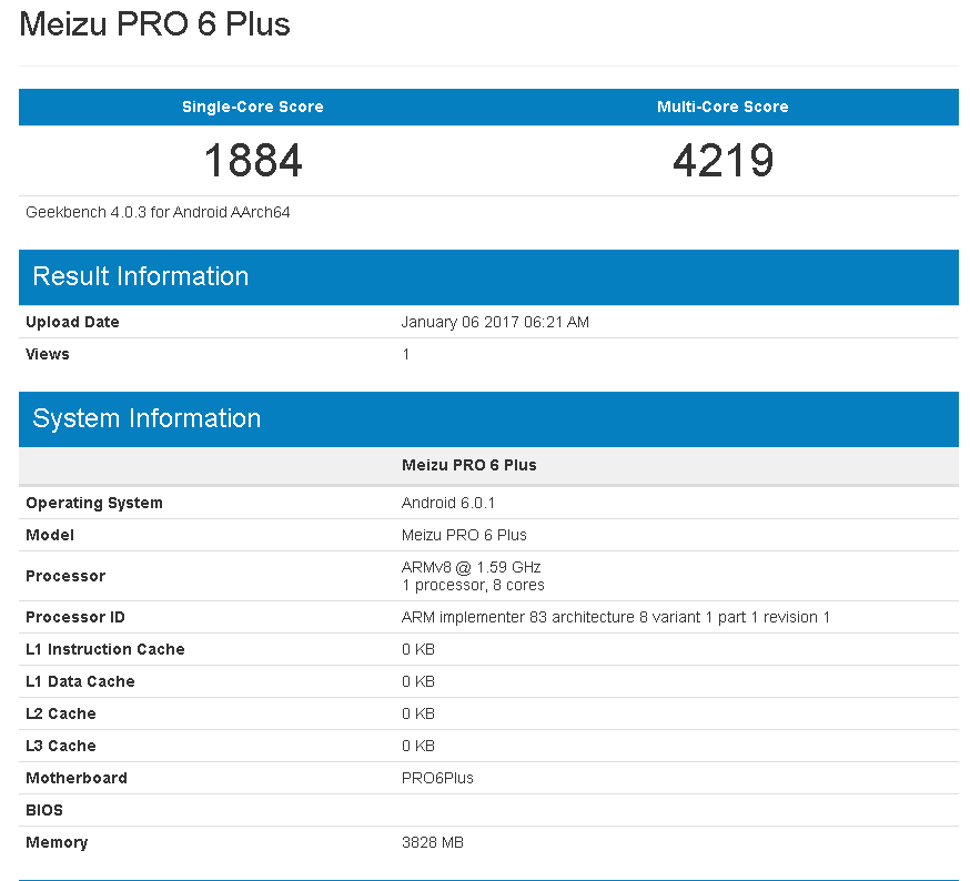 Meizu PRO 6 Plus(4GB + 128GB)のベンチマーク結果がGeekbenchに登場