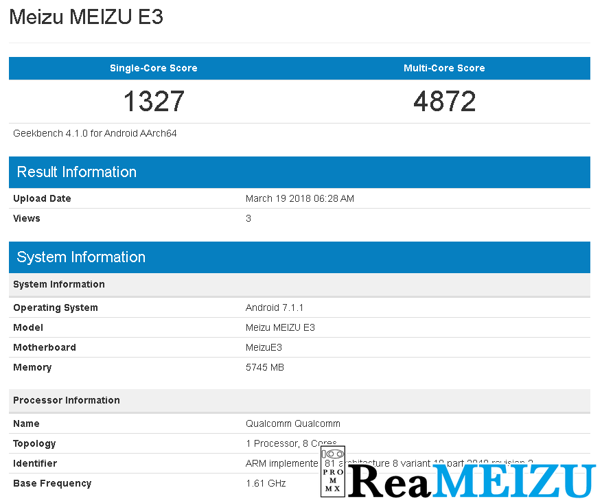 Geekbenchに魅藍E3(Meizu E3)が出現。Snapdragon 636 + RAM 6GBの構成で確定